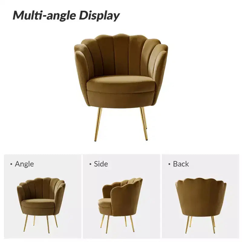 Fauteuil tonneau confortable avec pieds en métal doré, fauteuil d’appoint pour le salon