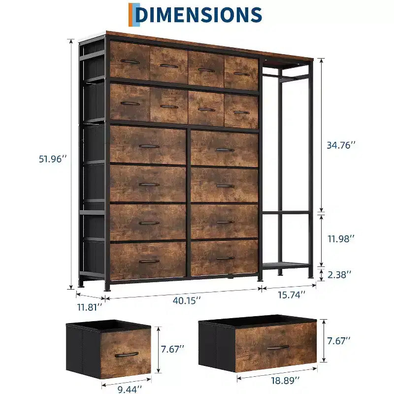 Commode avec 16 tiroirs, tringle de penderie et étagères, organisateur de rangement en tissu pour chambre, placard ou entrée