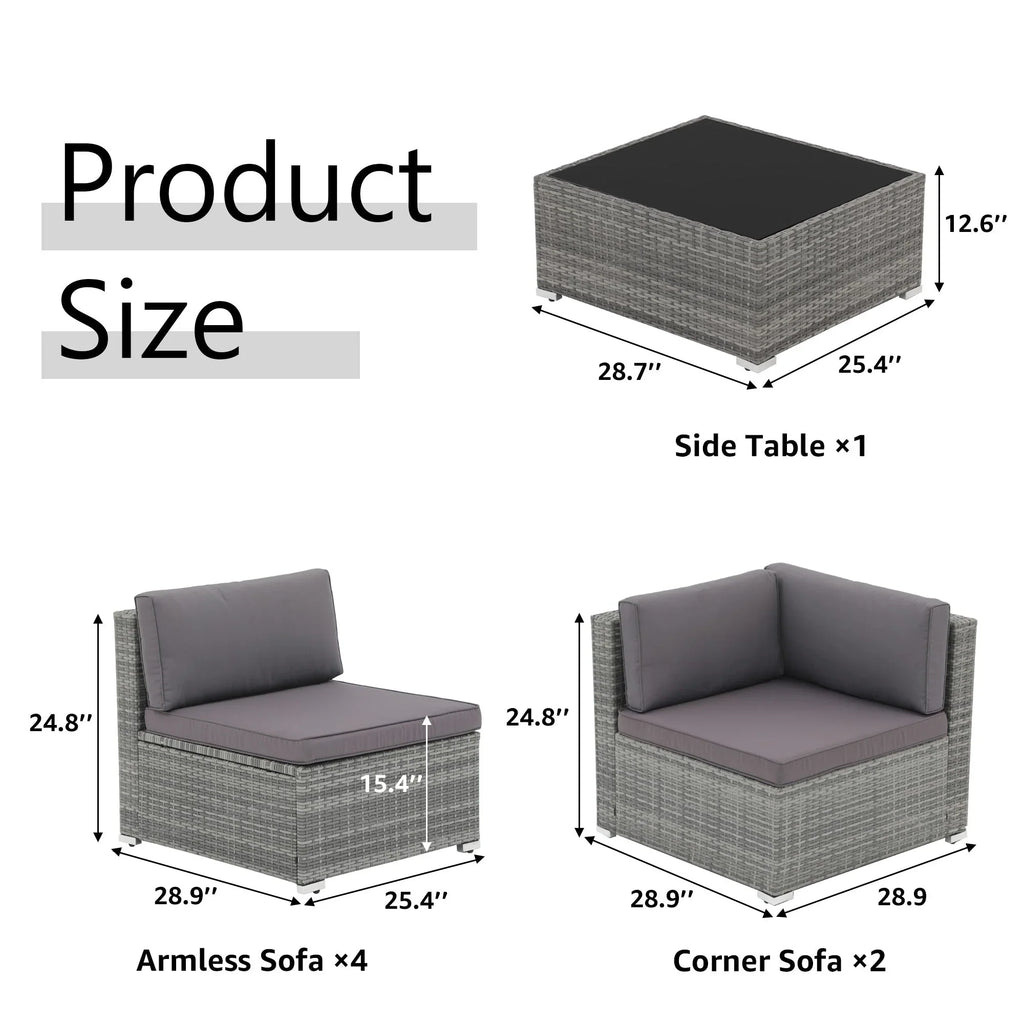 7-teiliges Outdoor-Ecksofaset aus Rattan und Stahl mit Kissen