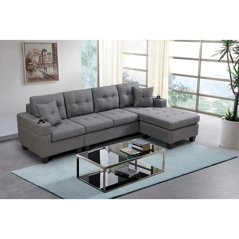 Canapé modulaire pour salon avec méridienne en forme de L et porte-gobelet