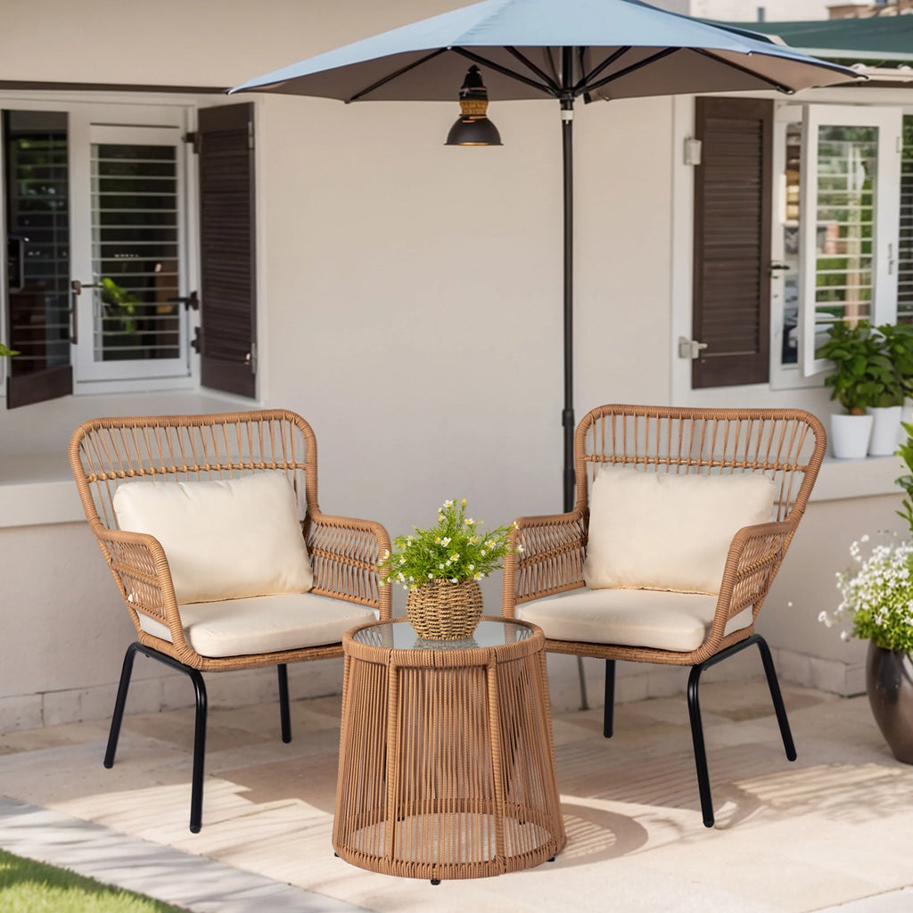 Ensemble bistro de jardin en osier de 3 pièces, ensemble de fauteuils de patio en rotin toutes saisons avec coussins