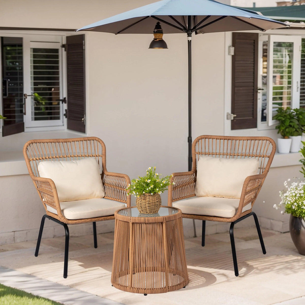 Ensemble bistro de jardin en osier de 3 pièces, ensemble de fauteuils de patio en rotin toutes saisons avec coussins