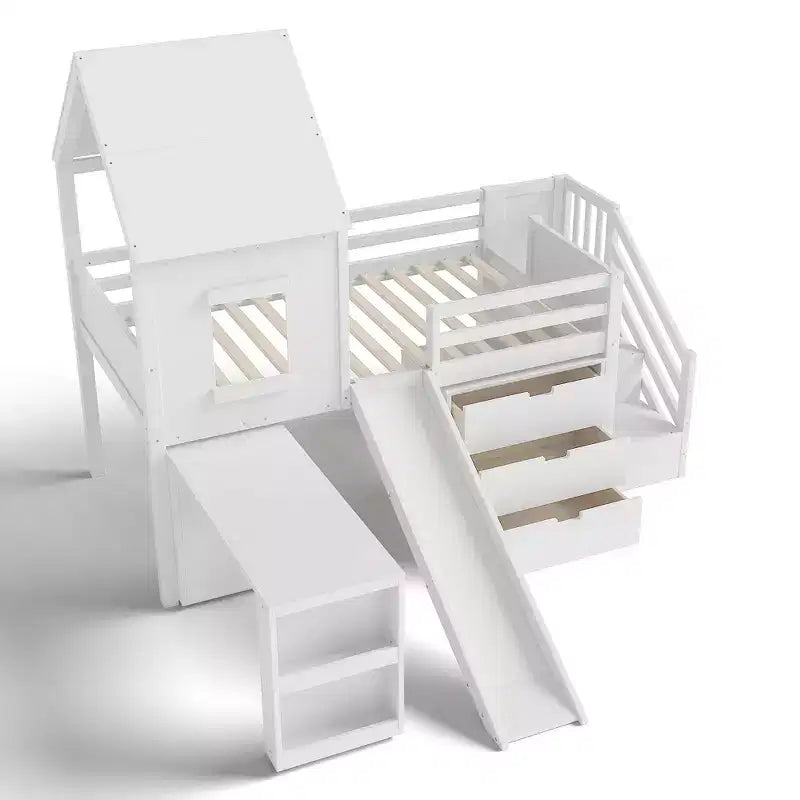 Einzel-Hochbett mit 3 Schubladen und Treppe mit Stauraum, Hausbett aus Holz mit Rutsche und abnehmbarem Schreibtisch
