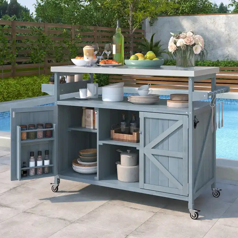 Outdoor-Kücheninsel, rollbarer Servierwagen und Aufbewahrungsschrank, Grilltisch aus Massivholz mit Edelstahlplatte, Gewürzregal, Handtuchhalter