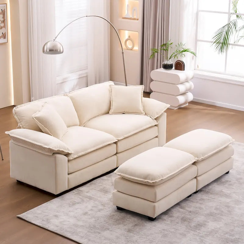 2-Sitzer-Sofa mit 2 Sitzkissen, 2 Kissen und 2 Hockern, bequemes Sofa - tiefes Sofa fürs Wohnzimmer, modulares Sofa
