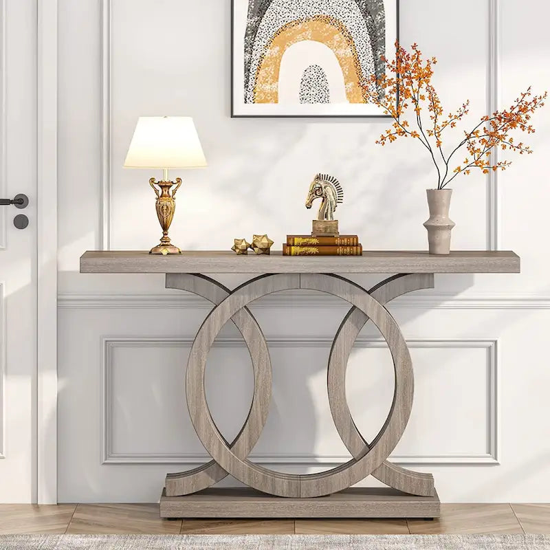 Table console vintage en bois pour couloir, avec piètement géométrique