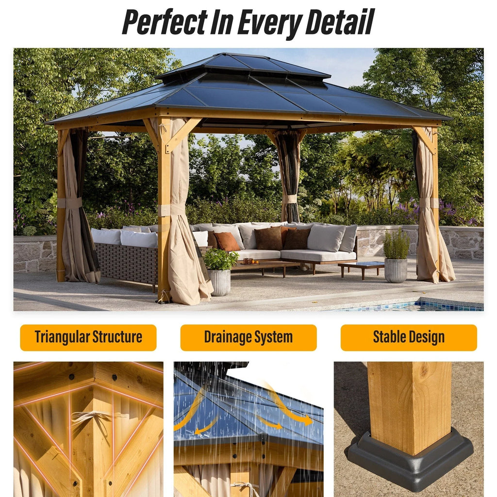 Gazebo EROMMY con tetto rigido, pergola da esterno con doppio tetto, rete e tende, copertura robusta per patio, giardino e feste in piscina