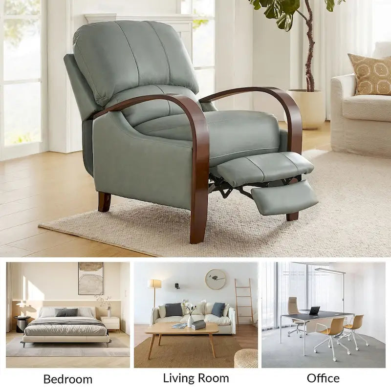 Alex handmatige relaxfauteuil van echt sigarenkleurig leer in mid-century moderne stijl, met gebogen houten armleuningen