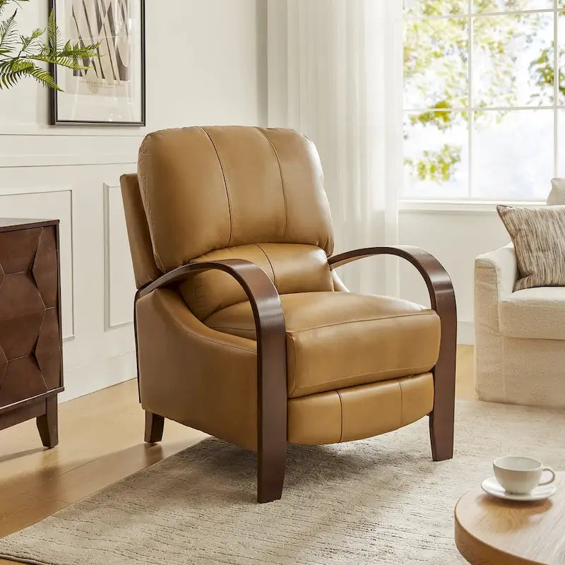 Alex handmatige relaxfauteuil van echt sigarenkleurig leer in mid-century moderne stijl, met gebogen houten armleuningen
