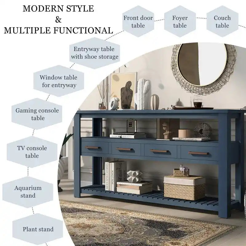 Longue table console pour entrée et canapé avec tiroirs, table console de style rustique en bois avec 4 tiroirs et 2 étagères
