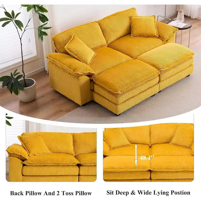Modernes 2-Sitzer-Cordsofa mit 4 Stützkissen und 2 Hockern