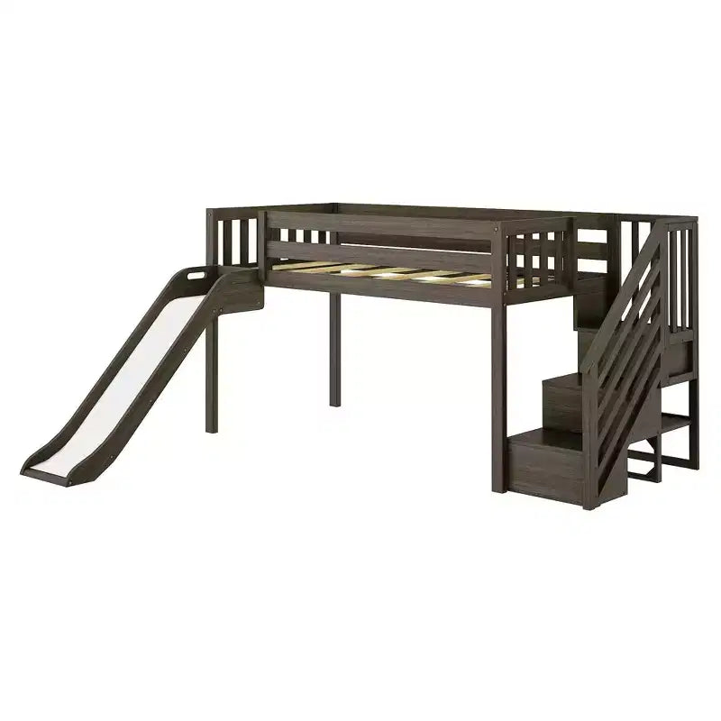 Letto a soppalco basso singolo per bambini con scivolo e scale, in legno massello, 14 sponde di sicurezza, capacità di 400 lb