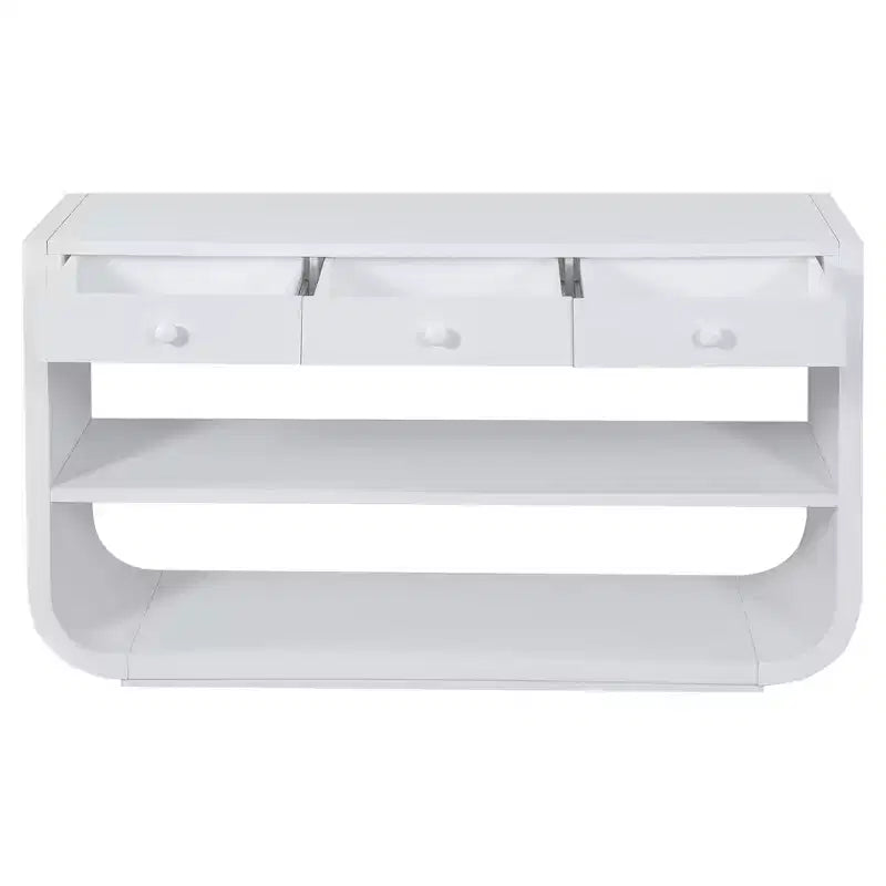 Tavolo consolle curvo ModernLuxe, tavolo d'ingresso, tavolino laterale per divano, espositore, tavolino d'accento con 3 cassetti a chiusura ammortizzata e 2 ripiani aperti