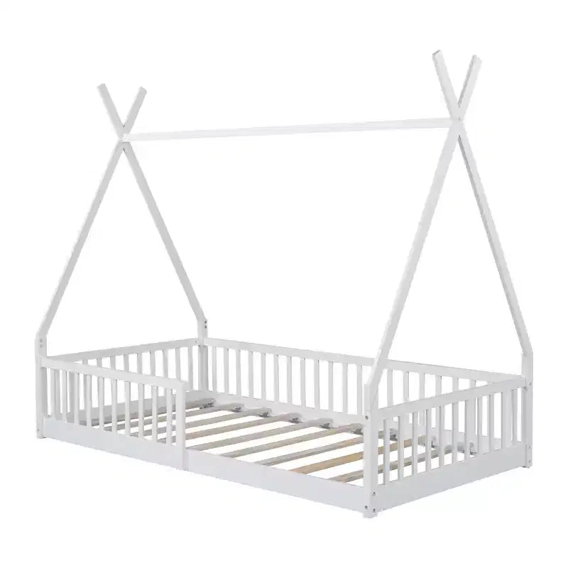 Vloerbed voor kinderen, tentbedden in eenpersoonsformaat, Montessori-vloerbed met latten en hekwerk, houten huisbedframe voor jongens en meisjes