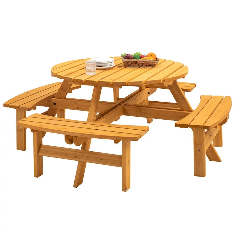 Ensemble de pique-nique rond en bois de sapin pour terrasse extérieure, pour 8 personnes, avec 4 bancs intégrés et un trou pour parasol
