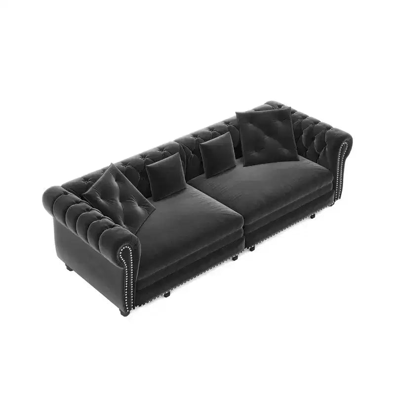 Canapé-lit convertible 3-en-1 Whisen en velours, format king size, avec pouf mobile, design capitonné