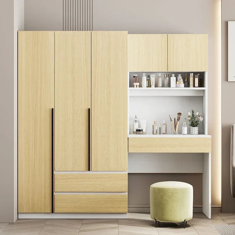 Armoire 3-en-1 avec coiffeuse et bureau, armoire de chambre avec 2 tiroirs et 3 portes de rangement
