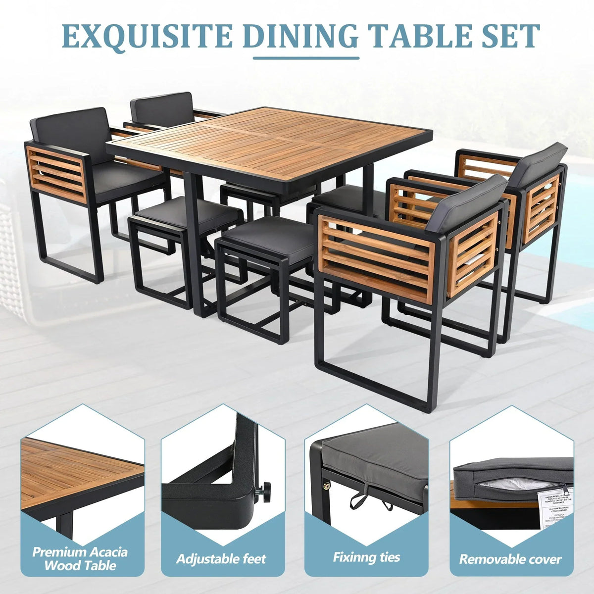 Set da pranzo da esterno da 18 pezzi in legno di acacia, con 8 sedie imbottite, 8 pouf e 2 tavoli quadrati
