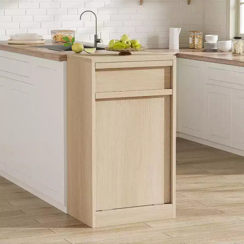 Pattumiera ribaltabile in rovere naturale, con vano contenitore e cassetto, mobile copripattumiera, cesto portabiancheria per cucina, sala da pranzo e soggiorno