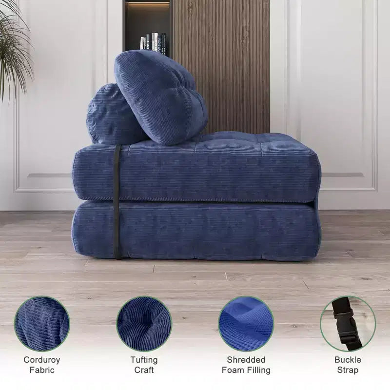 Futon pliant convertible en lit, format deux places, en velours côtelé, fauteuil-lit de sol avec coussin et soutien dorsal