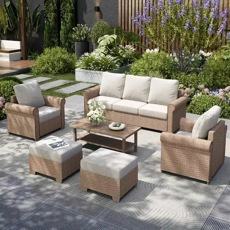 Set di divani da giardino in vimini di lusso Captiva Designs, 6 pezzi, con braccioli curvi e cuscini
