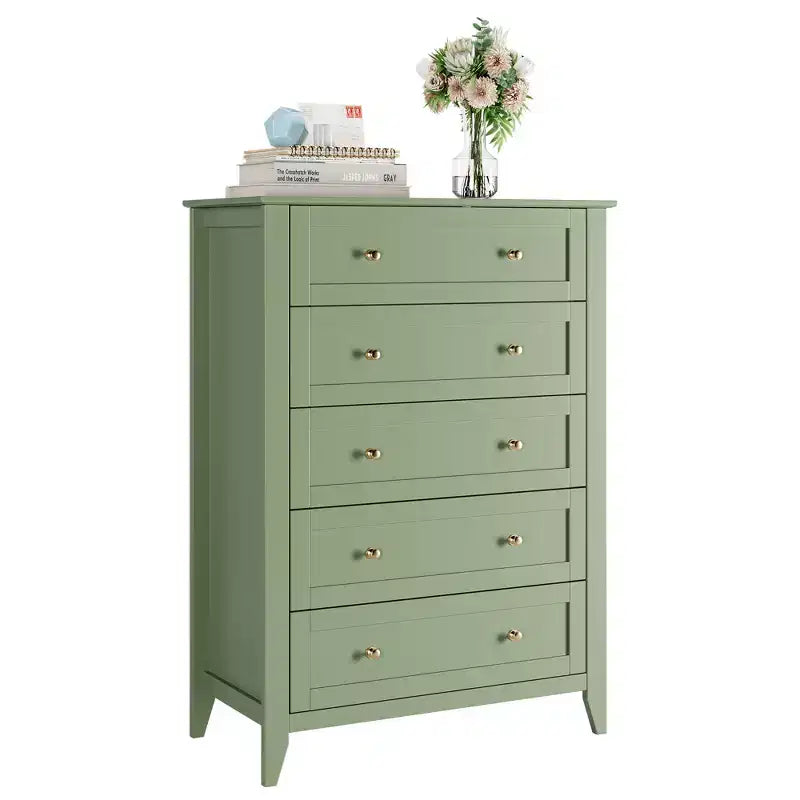 Cassettiera alta 42.5 pollici con 5 cassetti per camera da letto, mobile contenitore in legno con cassetti profondi 11.9 pollici e pomelli in metallo dorato, ideale per ingresso o corridoio