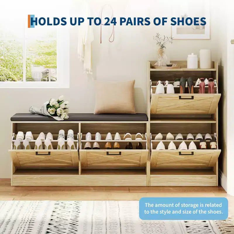 Banc avec 4 tiroirs rabattables et coussin d'assise rembourré, meuble étroit en bois pour ranger les chaussures, idéal comme banc d'entrée pour le salon