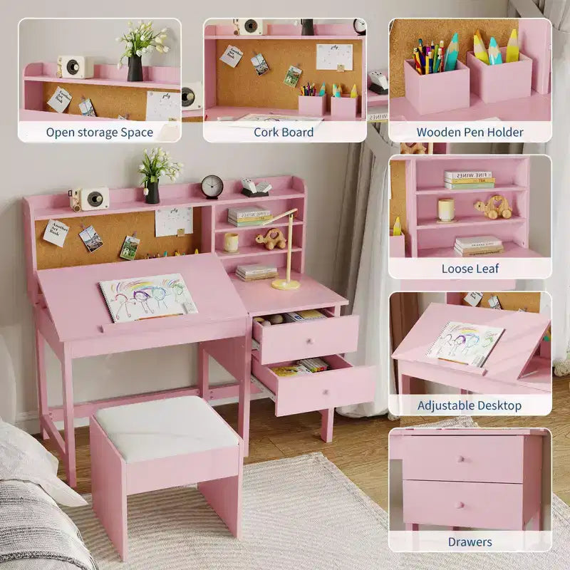 Schreibtisch- und Stuhlset für Kinder, hölzerner Lerntisch mit verstellbarer, neigbarer Tischplatte, Schubladen und Korktafel - Lernschreibtisch-Set für Kinder