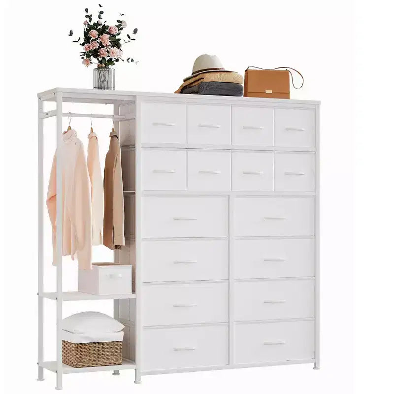 Commode avec 16 tiroirs, tringle de penderie et étagères, organisateur de rangement en tissu pour chambre, placard ou entrée