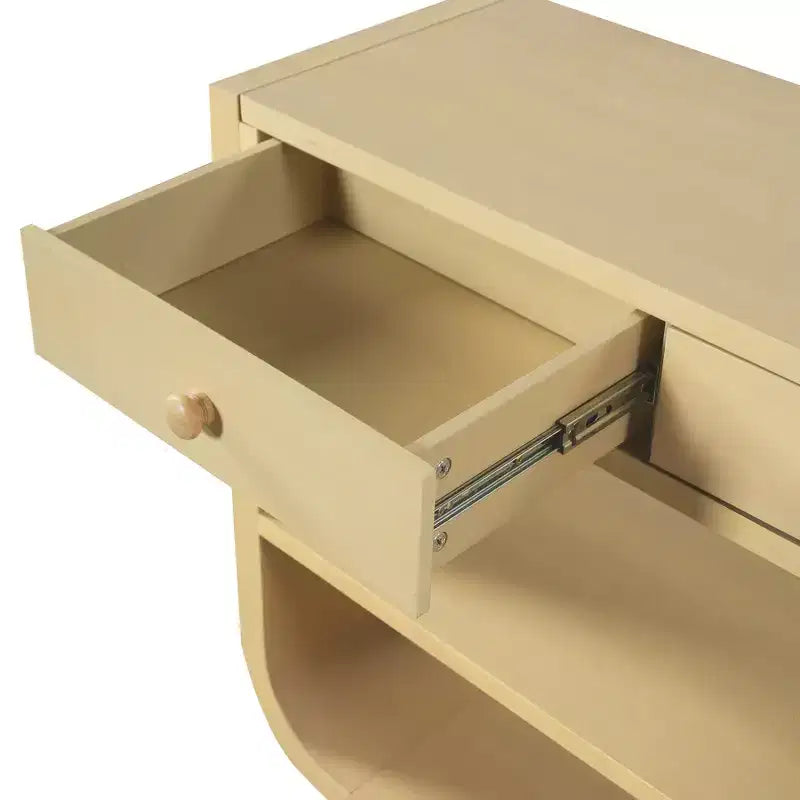 Tavolo consolle curvo ModernLuxe, tavolo d'ingresso, tavolino laterale per divano, espositore, tavolino d'accento con 3 cassetti a chiusura ammortizzata e 2 ripiani aperti