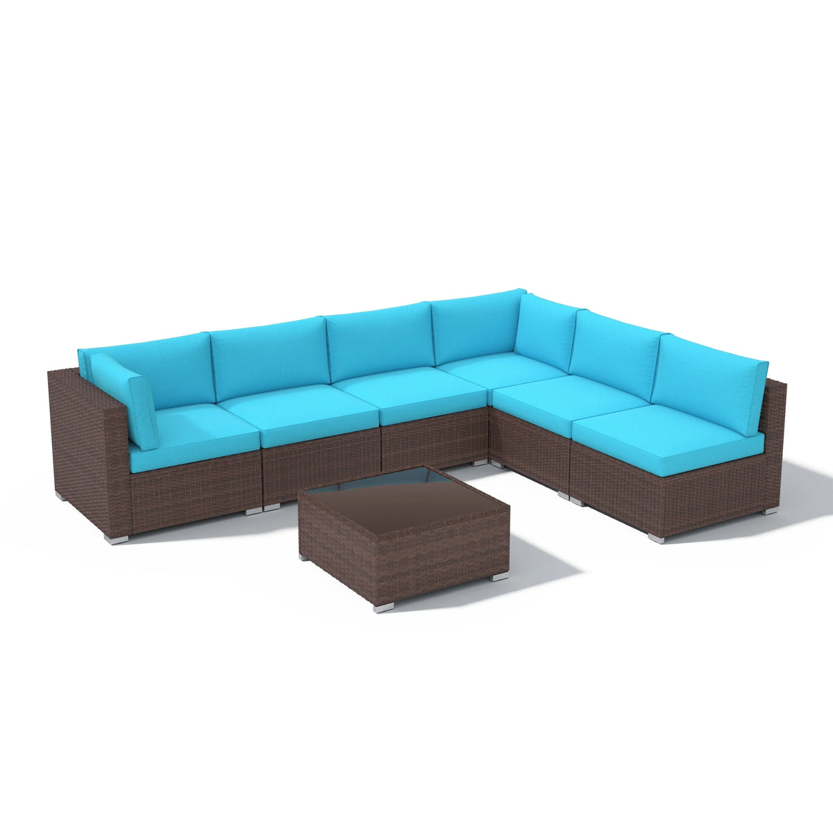 7-teiliges Outdoor-Ecksofaset aus Rattan und Stahl mit Kissen