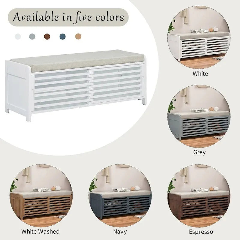 Banc de rangement en bois massif de 43.30 pouces avec persiennes vieillies contemporaines