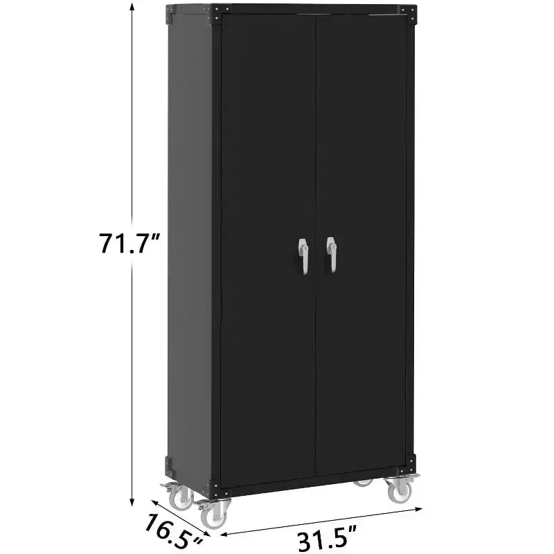 Armoire de rangement pour garage avec roulettes et panneau perforé, armoire métallique verrouillable de 72 H avec 2 portes et 4 étagères réglables pour atelier de garage