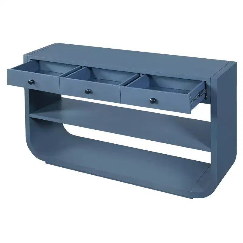 Tavolo consolle curvo ModernLuxe, tavolo d'ingresso, tavolino laterale per divano, espositore, tavolino d'accento con 3 cassetti a chiusura ammortizzata e 2 ripiani aperti