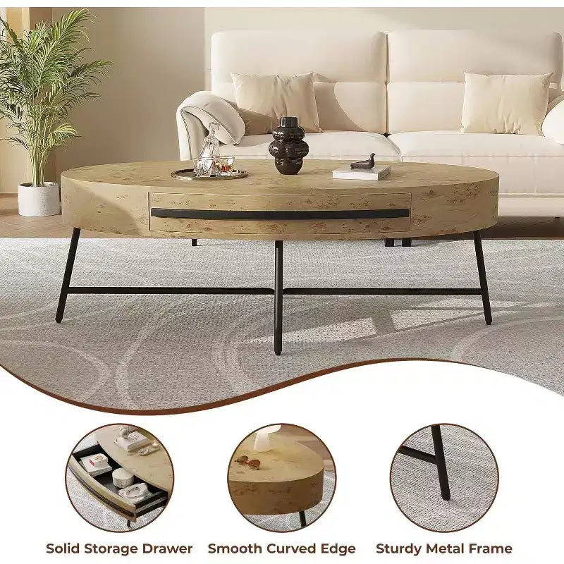 Table basse ovale Acekool avec tiroir, table de rangement en bois de 47.2 avec pieds croisés en métal, table centrale moderne du milieu du siècle en finition saule naturel et doré