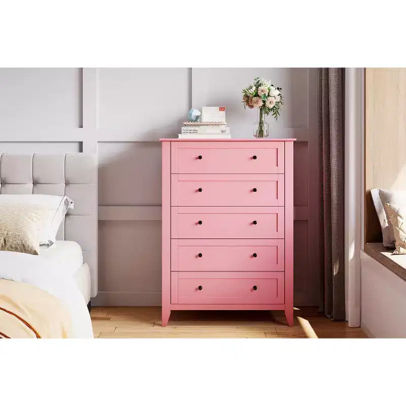 Cassettiera alta 42.5 pollici con 5 cassetti per camera da letto, mobile contenitore in legno con cassetti profondi 11.9 pollici e pomelli in metallo dorato, ideale per ingresso o corridoio