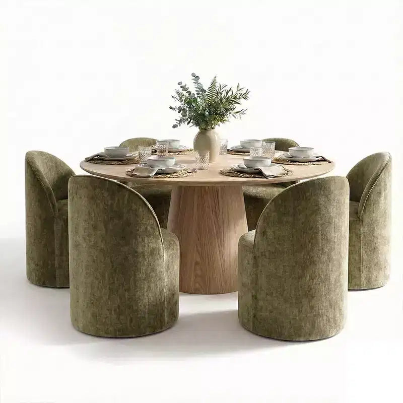 Moderne eethoek voor 6 personen, ronde eettafel met centrale voet, draaibare kuipstoelen op wieltjes, chenillestof met structuur - Panipeachy
