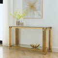 Table console étroite à 2 niveaux avec structure métallique finition or et plateau en verre trempé