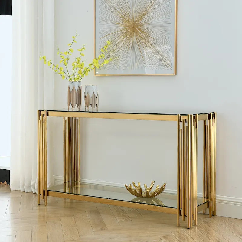Table console étroite à 2 niveaux avec structure métallique finition or et plateau en verre trempé
