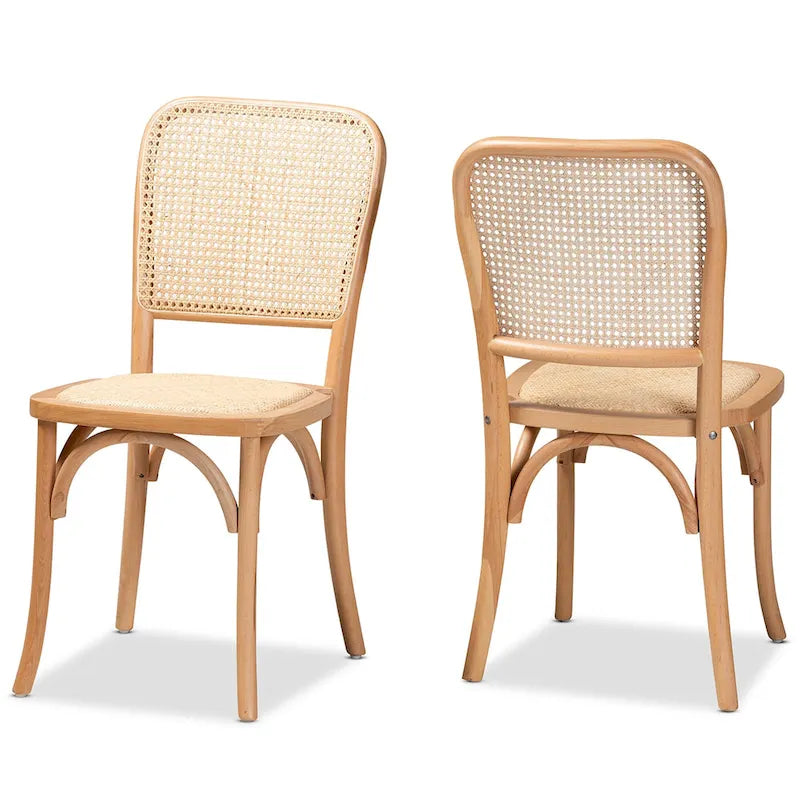 Neah, set di 2 sedie da pranzo moderne di metà secolo in legno e rattan intrecciato