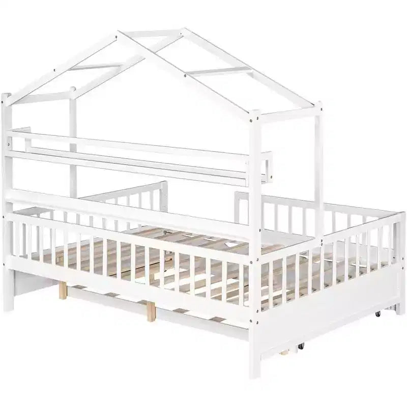 Acekool Hausbettgestell in Doppelbettgröße mit ausziehbarem Einzelbett, Schubladen und Ablagen, Dach und Zaun, Kinder-Platformbett, weiß