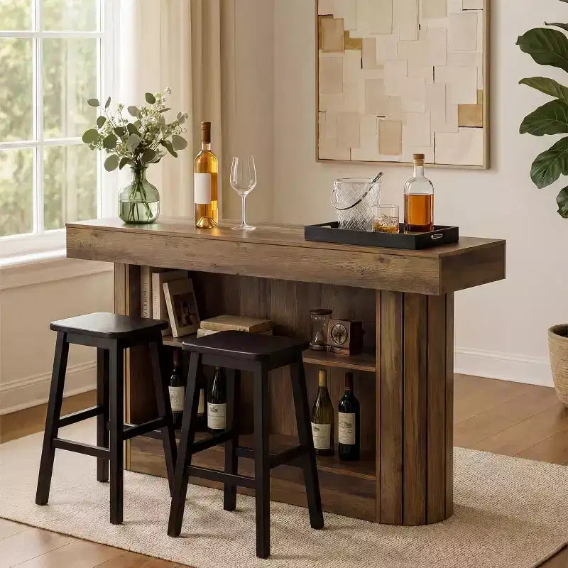 Lantine bartafel, houten thuisbar van 63-inch met metalen voetsteun, pubtafel met opbergrekken voor woonkamer, bistro en eetkamer (bruin)