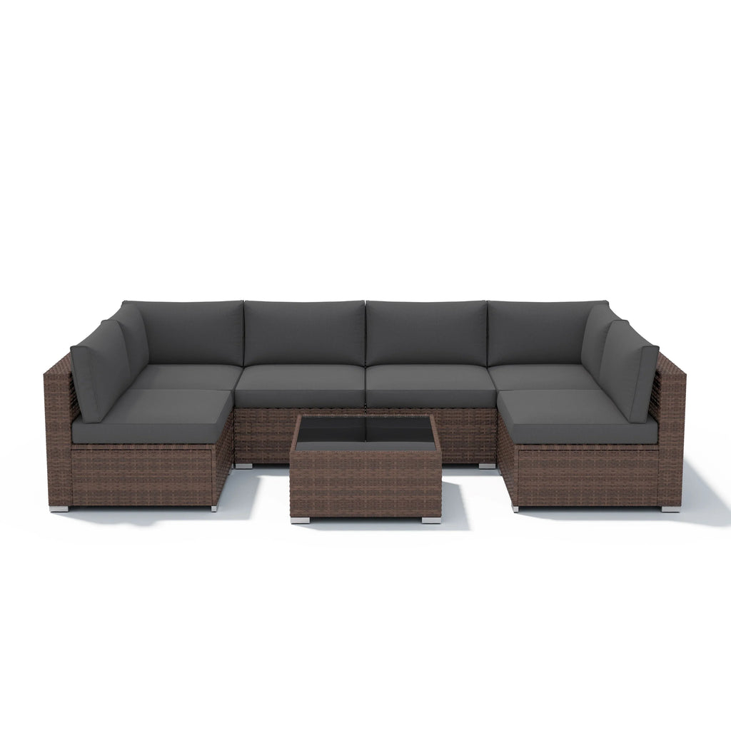7-teiliges Outdoor-Ecksofaset aus Rattan und Stahl mit Kissen