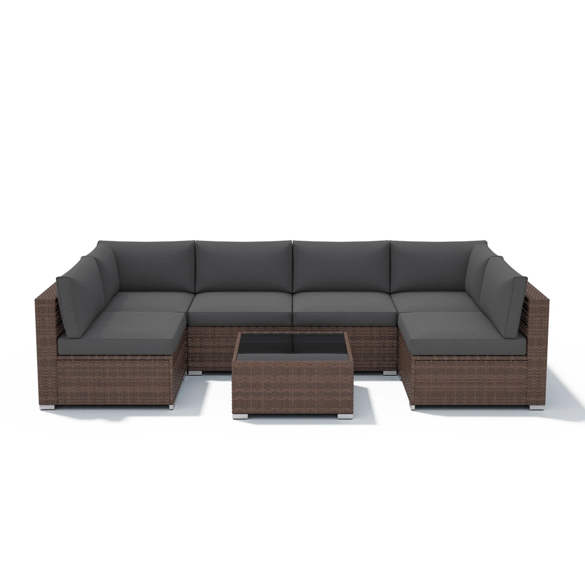 7-teiliges Outdoor-Ecksofaset aus Rattan und Stahl mit Kissen