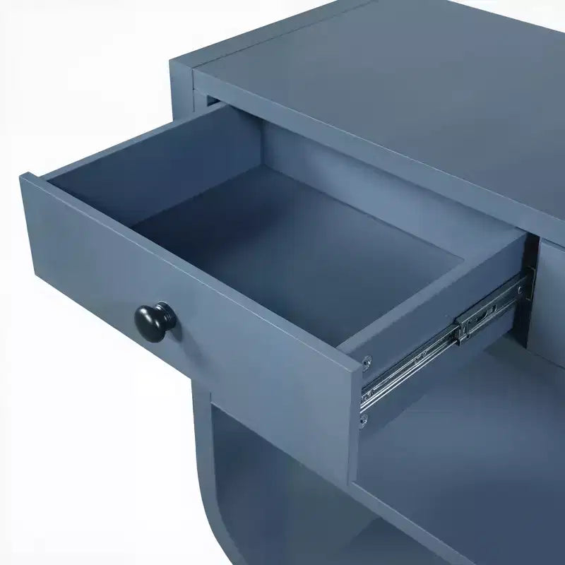 Tavolo consolle curvo ModernLuxe, tavolo d'ingresso, tavolino laterale per divano, espositore, tavolino d'accento con 3 cassetti a chiusura ammortizzata e 2 ripiani aperti