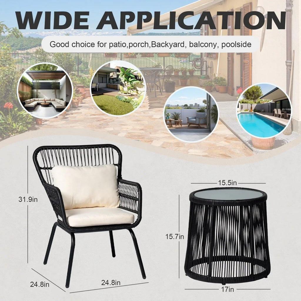 Ensemble bistro de jardin en osier de 3 pièces, ensemble de fauteuils de patio en rotin toutes saisons avec coussins
