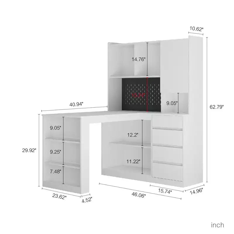 Hoekbureau van 46 inch in L-vorm met boekenplank en lades