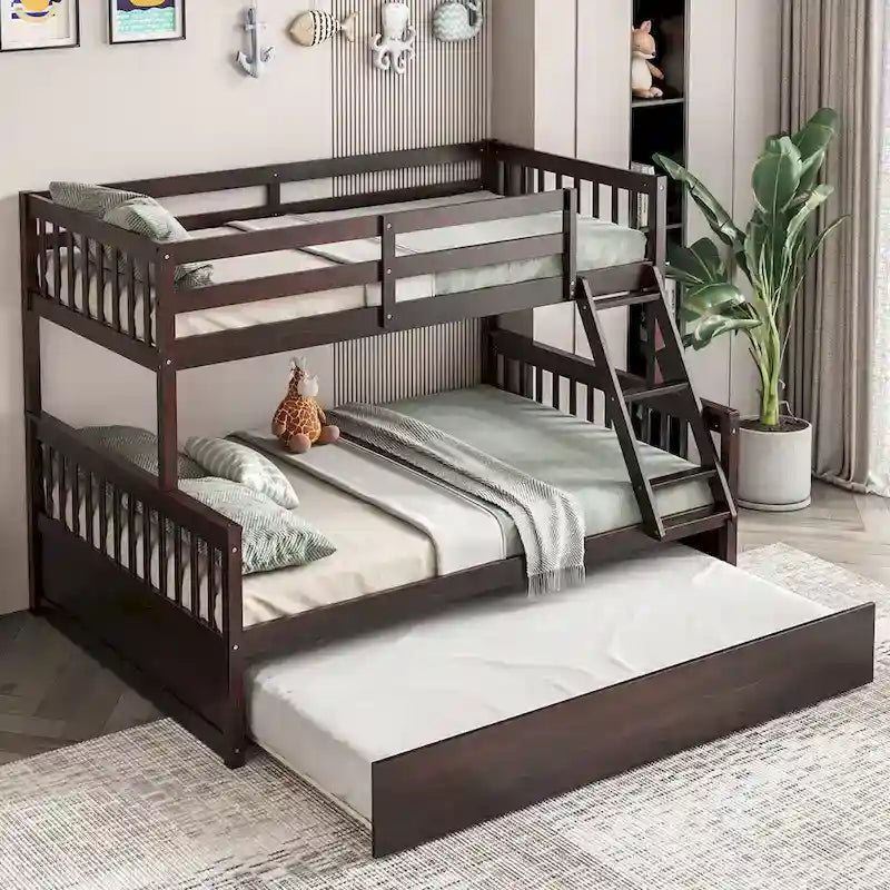 Lit superposé Gymax, couchage haut 1 place et couchage bas 2 places, avec lit gigogne 1 place et plateforme convertible