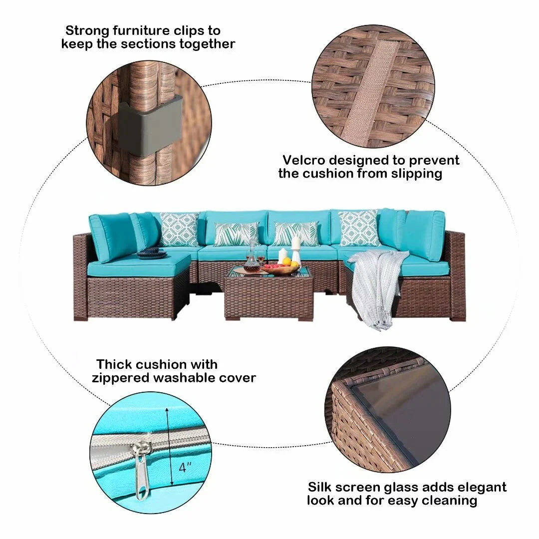 7-teiliges Outdoor-Ecksofaset aus Rattan und Stahl mit Kissen
