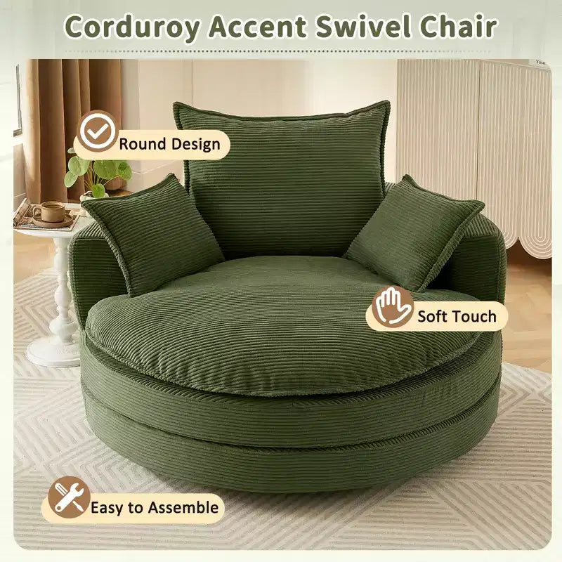 Fauteuil d’appoint pivotant à 360°, fauteuil tonneau rond pivotant avec coussin pour le salon